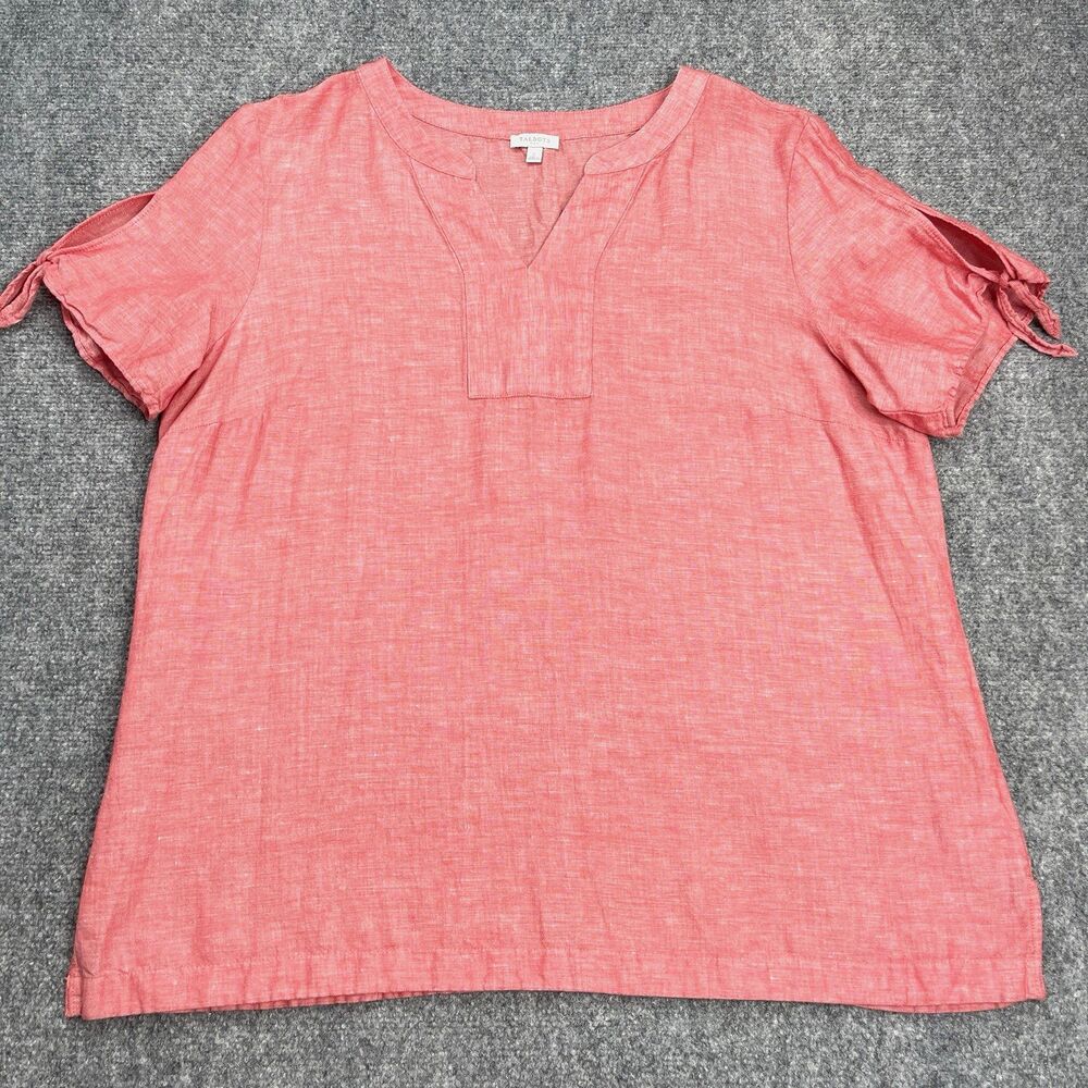 Talbots Linen Blend Top Womens Size Large Tie Sleeves Split V Neck Light Red